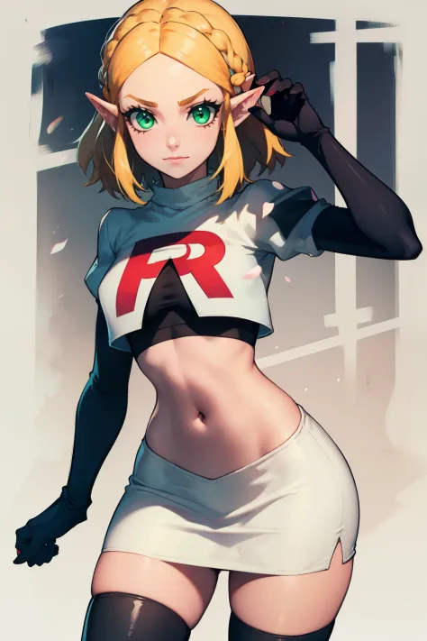 Zelda, green eyes, short hair ,team rocket,team rocket uniform, red letter R, white skirt,white crop top,black thigh-high boots ...