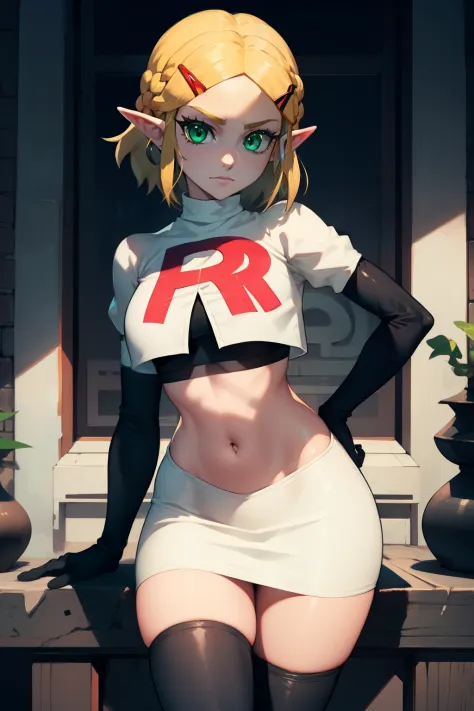 Zelda, green eyes, short hair ,team rocket,team rocket uniform, red letter R, white skirt,white crop top,black thigh-high boots ...