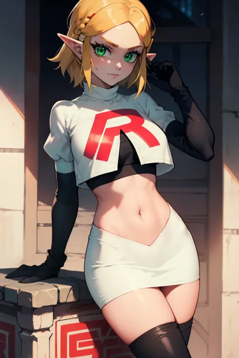 zelda, green eyes, short hair ,team rocket,team rocket uniform, red letter r, white skirt,white crop top,black thigh-high boots ...