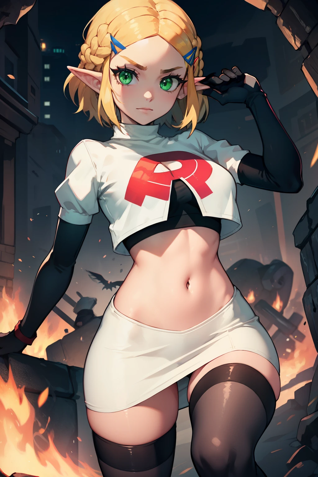 Zelda, green eyes, short hair ,team rocket,team rocket uniform, red letter R, white skirt,white crop top,black thigh-high boots ,black elbow gloves, sinister villianess look,