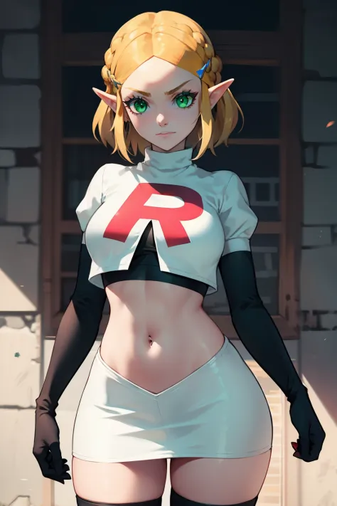 Zelda, green eyes, short hair ,team rocket,team rocket uniform, red letter R, white skirt,white crop top,black thigh-high boots ...