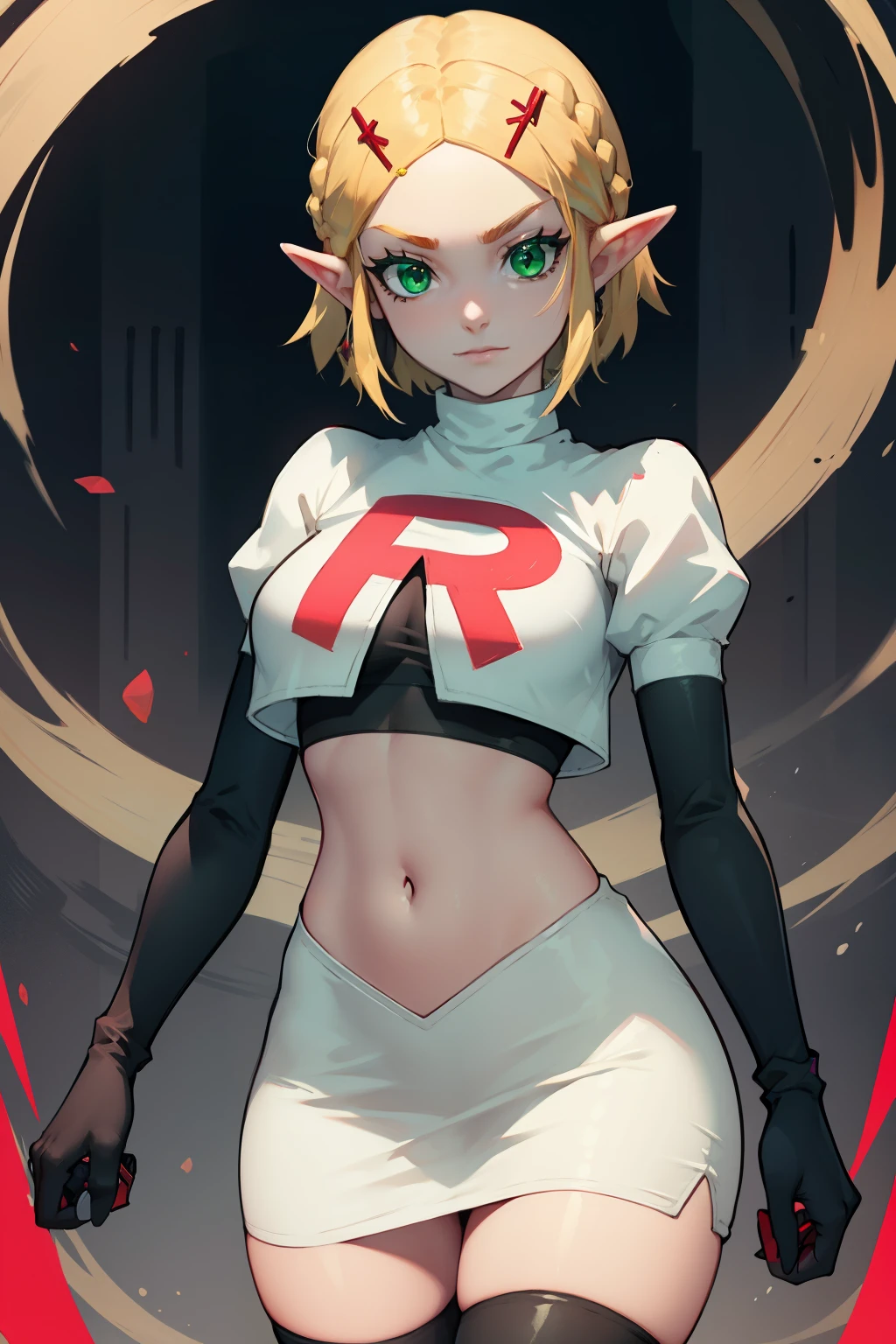 Zelda, green eyes, short hair ,team rocket,team rocket uniform, red letter R, white skirt,white crop top,black thigh-high boots ,black elbow gloves, sinister villianess look,