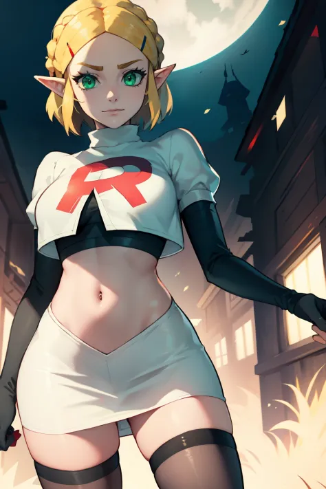 Zelda, green eyes, short hair ,team rocket,team rocket uniform, red letter R, white skirt,white crop top,black thigh-high boots ...