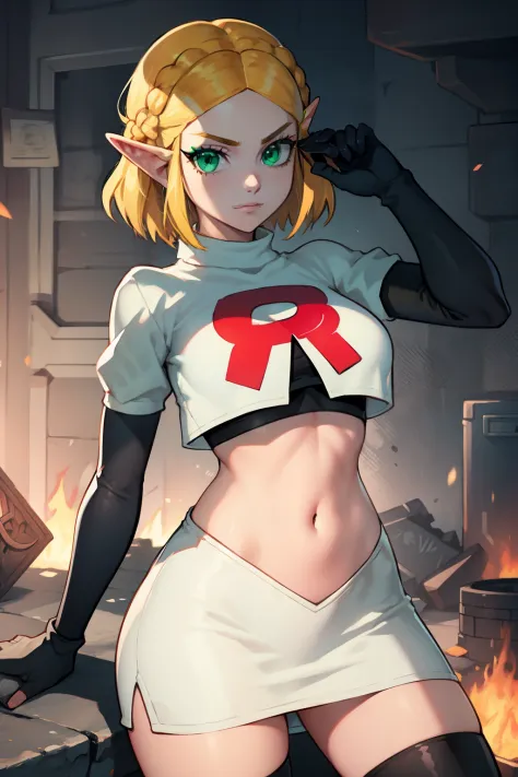 Zelda, green eyes, short hair ,team rocket,team rocket uniform, red letter R, white skirt,white crop top,black thigh-high boots ...