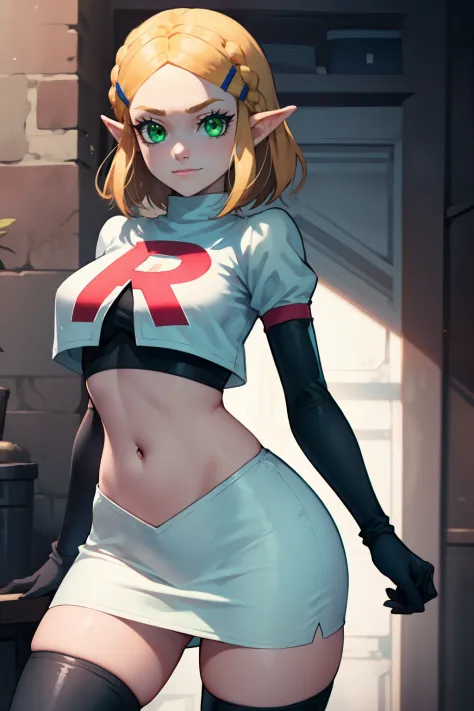 zelda, green eyes, short hair ,team rocket,team rocket uniform, red letter r, white skirt,white crop top,black thigh-high boots ...