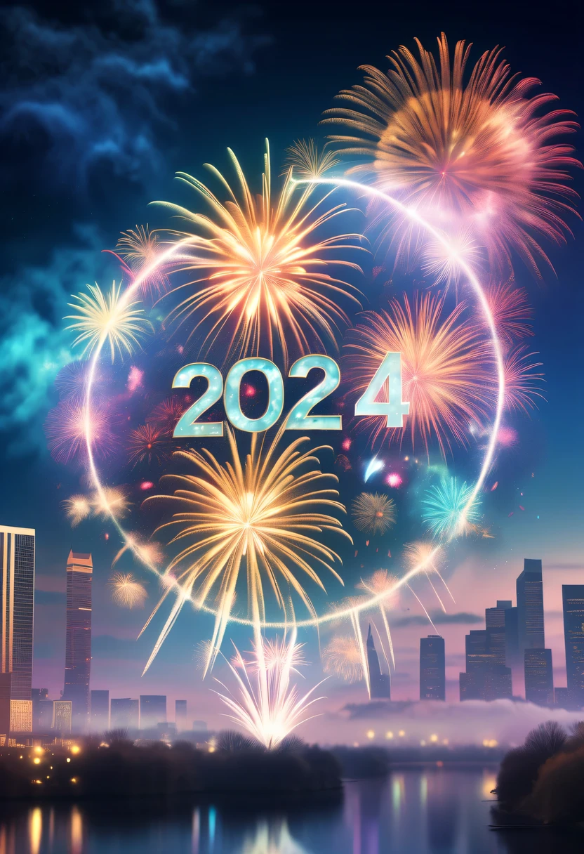 2024 new year poster,Transparent avatar，New Year&#39;s Eve Fireworks 2024，（multiple exposure：1.8）2024 New Year&#39;s Eve Vision Poster，Intricate poster for the year 2024 in surreal art style，2024 surreal dream new year poster，2024 surreal sci-fi new year dream poster