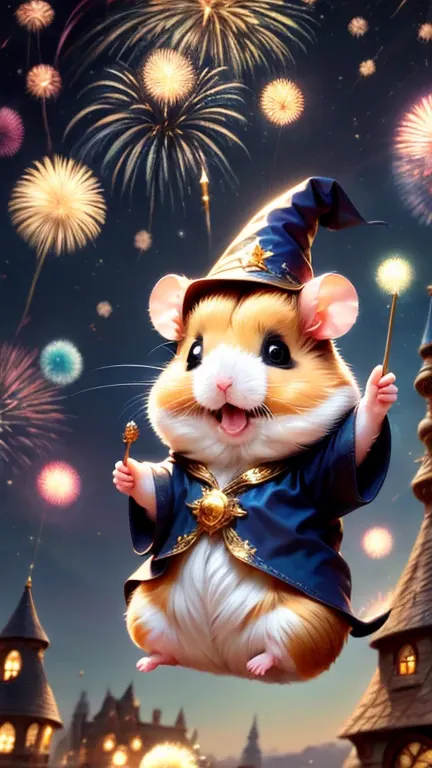 skyrocket,hamstania,festival,magic hamster party,((hamster wizard:great joy:pulling the hands up:opening mouth:jumpping:wizard h...