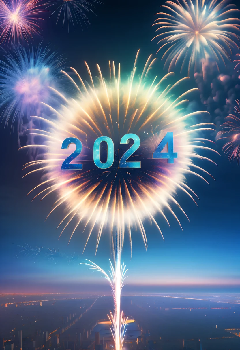 2024 new year poster,Transparent avatar，New Year&#39;s Eve Fireworks 2024，（multiple exposure：1.8）2024 New Year&#39;s Eve Vision Poster，Intricate poster for the year 2024 in surreal art style，2024 surreal dream new year poster，2024 surreal sci-fi new year dream poster