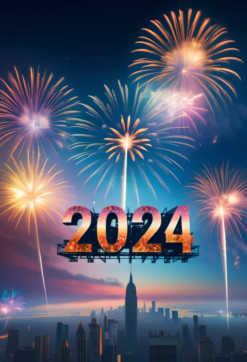 2024 new year poster,Transparent avatar，New Year&#39;s Eve Fireworks 2024，（multiple exposure：1.8）2024 New Year&#39;s Eve Vision Poster，Intricate poster for the year 2024 in surreal art style，2024 surreal dream new year poster，2024 surreal sci-fi new year dream poster