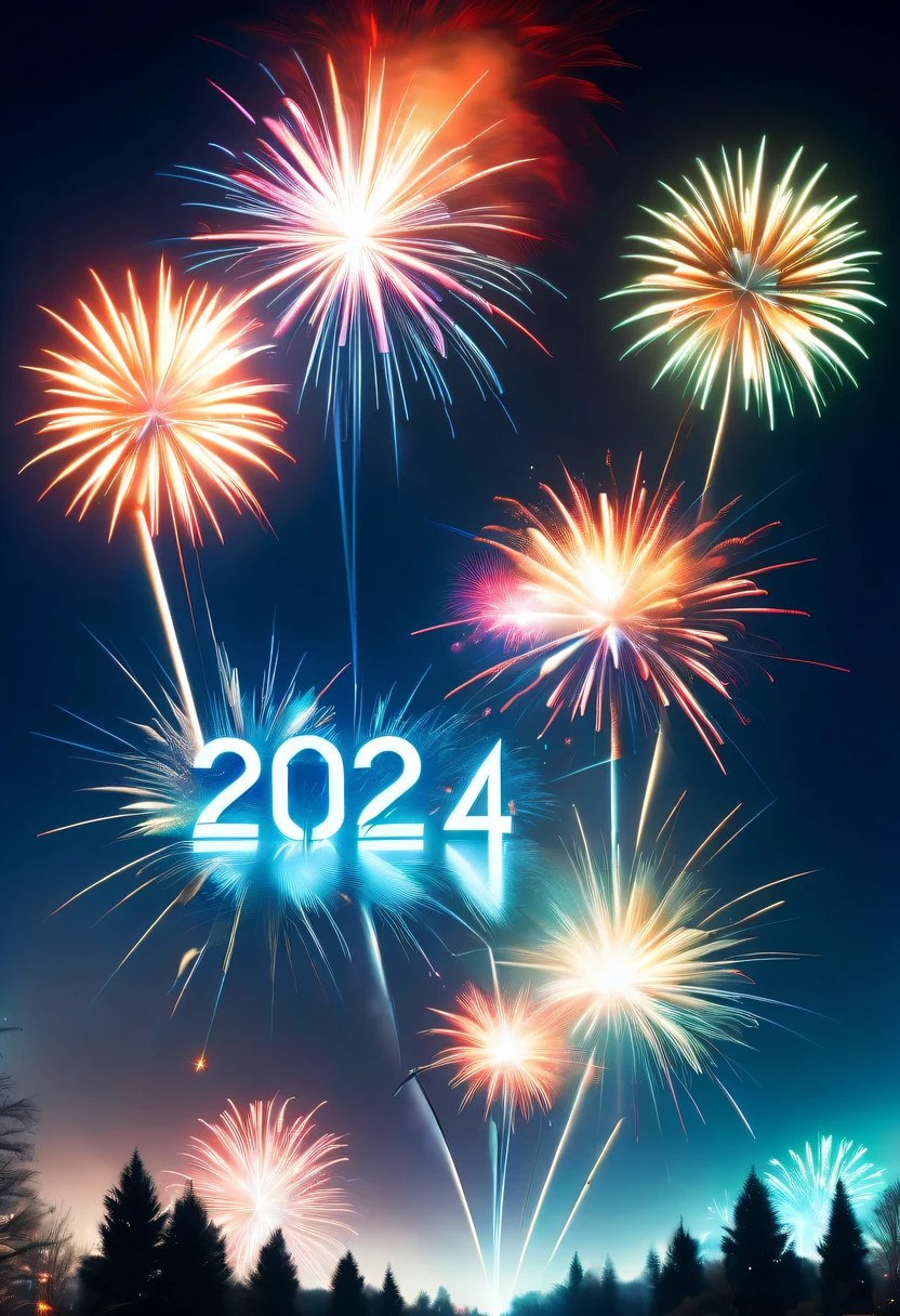 2024 new year poster,Transparent avatar，New Year&#39;s Eve Fireworks 2024，（multiple exposure：1.8）2024 New Year&#39;s Eve Vision Poster，Intricate poster for the year 2024 in surreal art style，2024 surreal dream new year poster，2024 surreal sci-fi new year dream poster