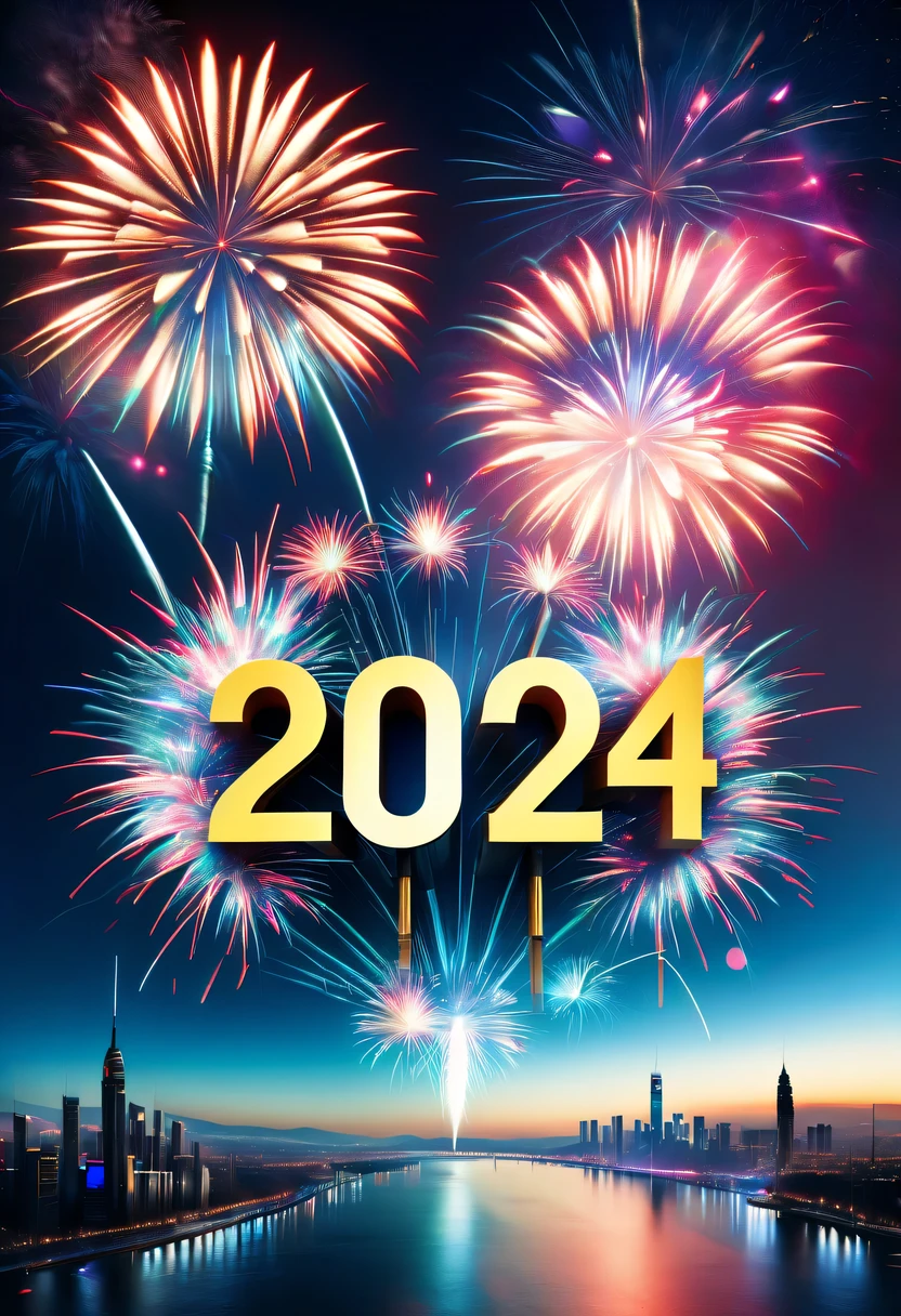 2024 new year poster,Transparent avatar，New Year&#39;s Eve Fireworks 2024，（multiple exposure：1.8）2024 New Year&#39;s Eve Vision Poster，Intricate poster for the year 2024 in surreal art style，2024 surreal dream new year poster，2024 surreal sci-fi new year dream poster