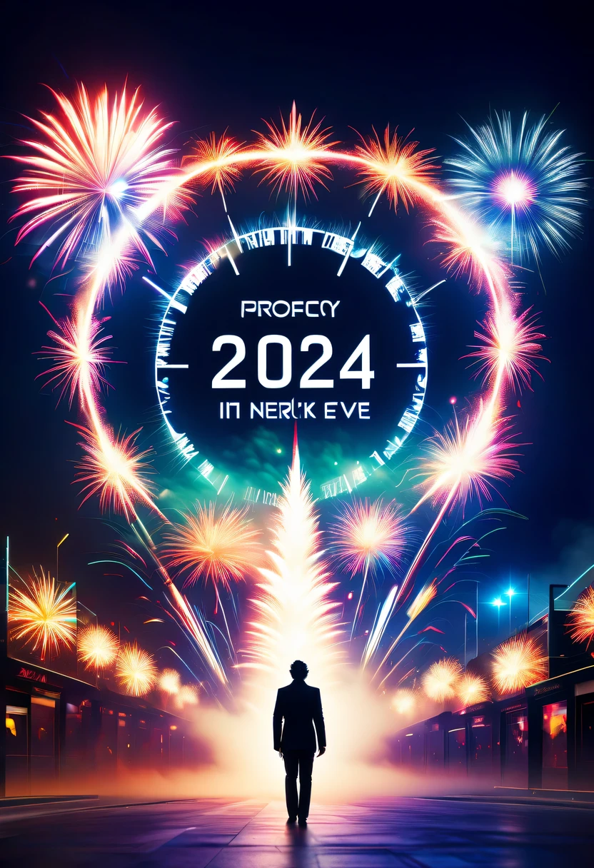 2024 new year poster,Transparent avatar，New Year&#39;s Eve Fireworks 2024，（multiple exposure：1.8）2024 New Year&#39;s Eve Vision Poster，Intricate poster for the year 2024 in surreal art style，2024 surreal dream new year poster，2024 surreal sci-fi new year dream poster