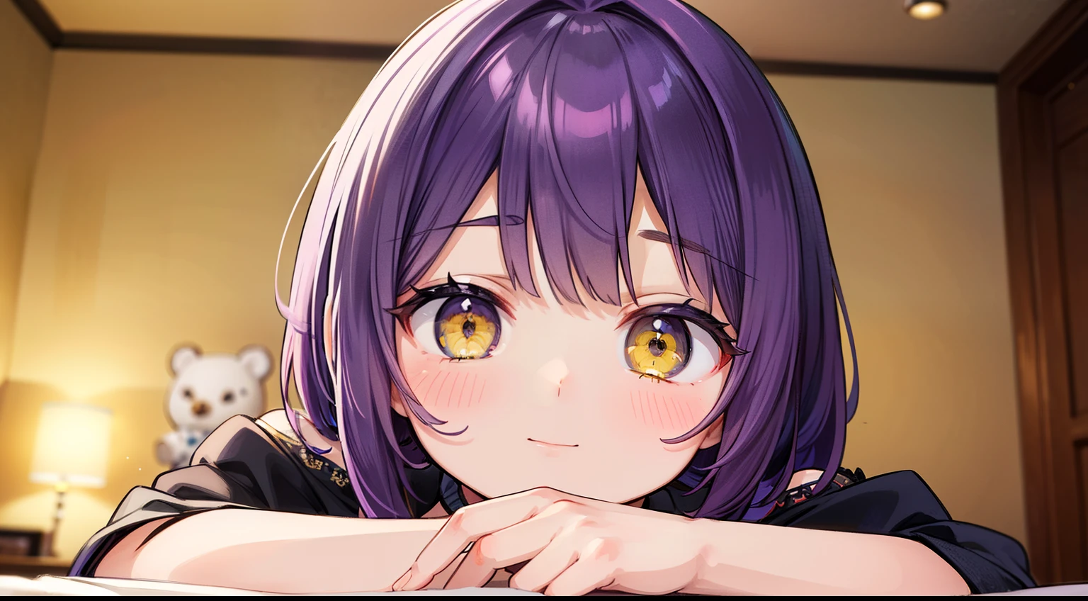 Anime girl with purple hair and yellow eyes sitting at a table - SeaArt AI