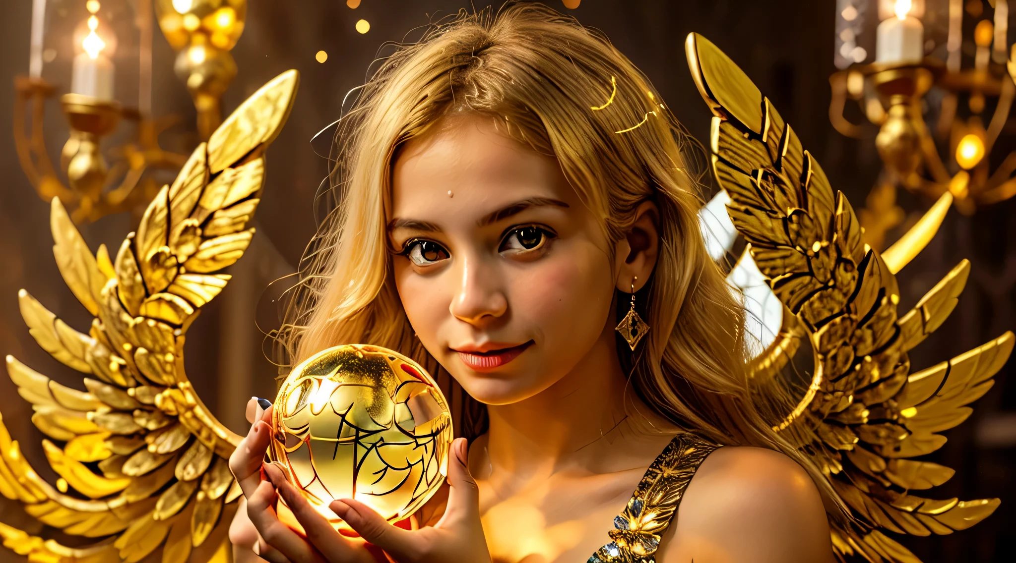 BLONDE CHILDREN GOLDEN ANGEL GIRL with a burning crystal ball in her hand. fundo vermelho