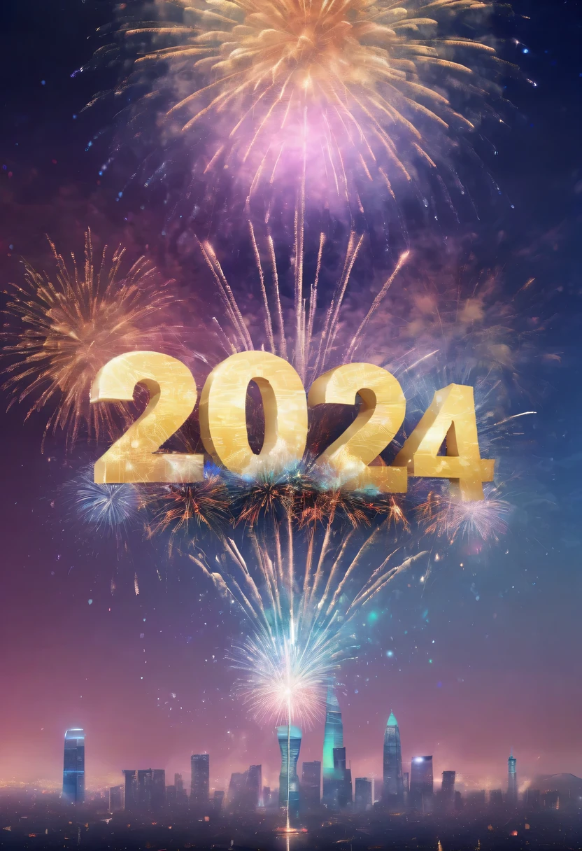 2024 new year poster,Transparent avatar，New Year&#39;s Eve Fireworks 2024，（multiple exposure：1.8）2024 New Year&#39;s Eve Vision Poster，Intricate poster for the year 2024 in surreal art style，2024 surreal dream new year poster，2024 surreal sci-fi new year dream poster