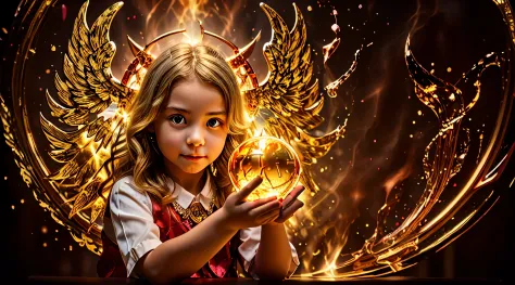 BLONDE CHILDREN GOLDEN ANGEL GIRL with a flaming crystal ball in her hand. fundo vermelho