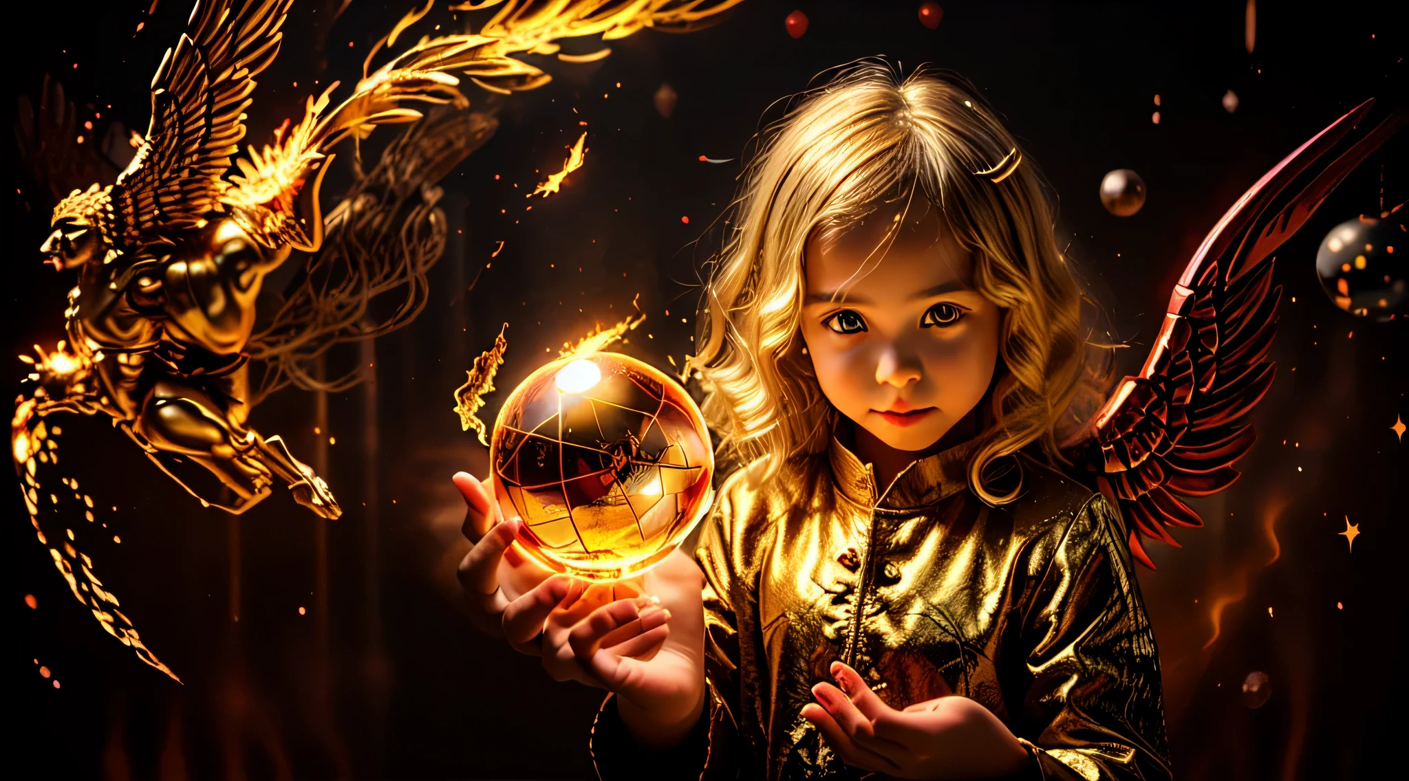 BLONDE CHILDREN GOLDEN ANGEL GIRL with a flaming crystal ball in her hand. fundo vermelho