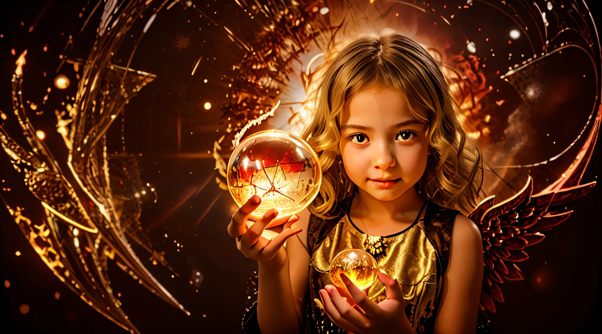 BLONDE CHILDREN GOLDEN ANGEL GIRL with a flaming crystal ball in her hand. fundo vermelho