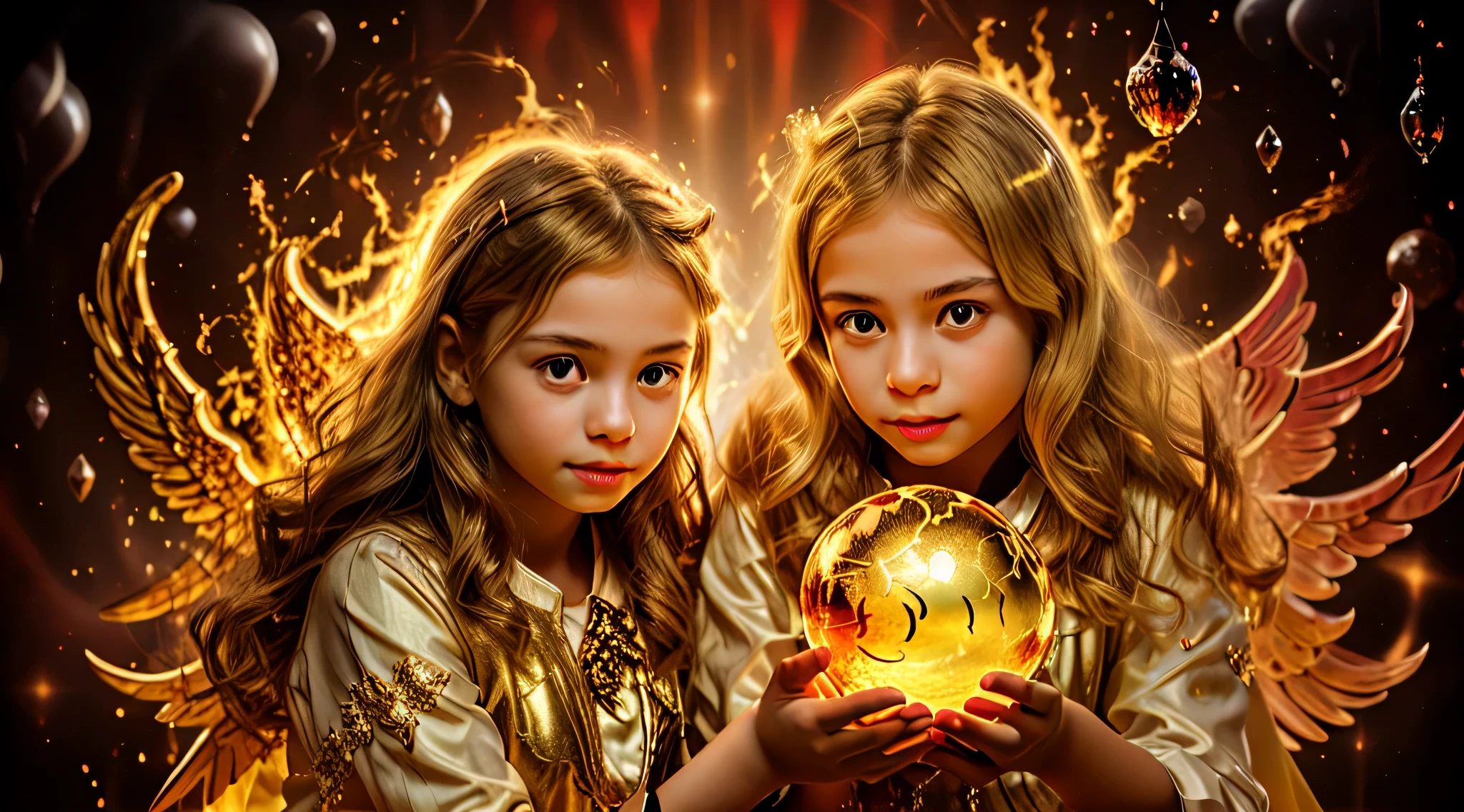 BLONDE CHILDREN GOLDEN ANGEL GIRL with a flaming crystal ball in her hand. fundo vermelho