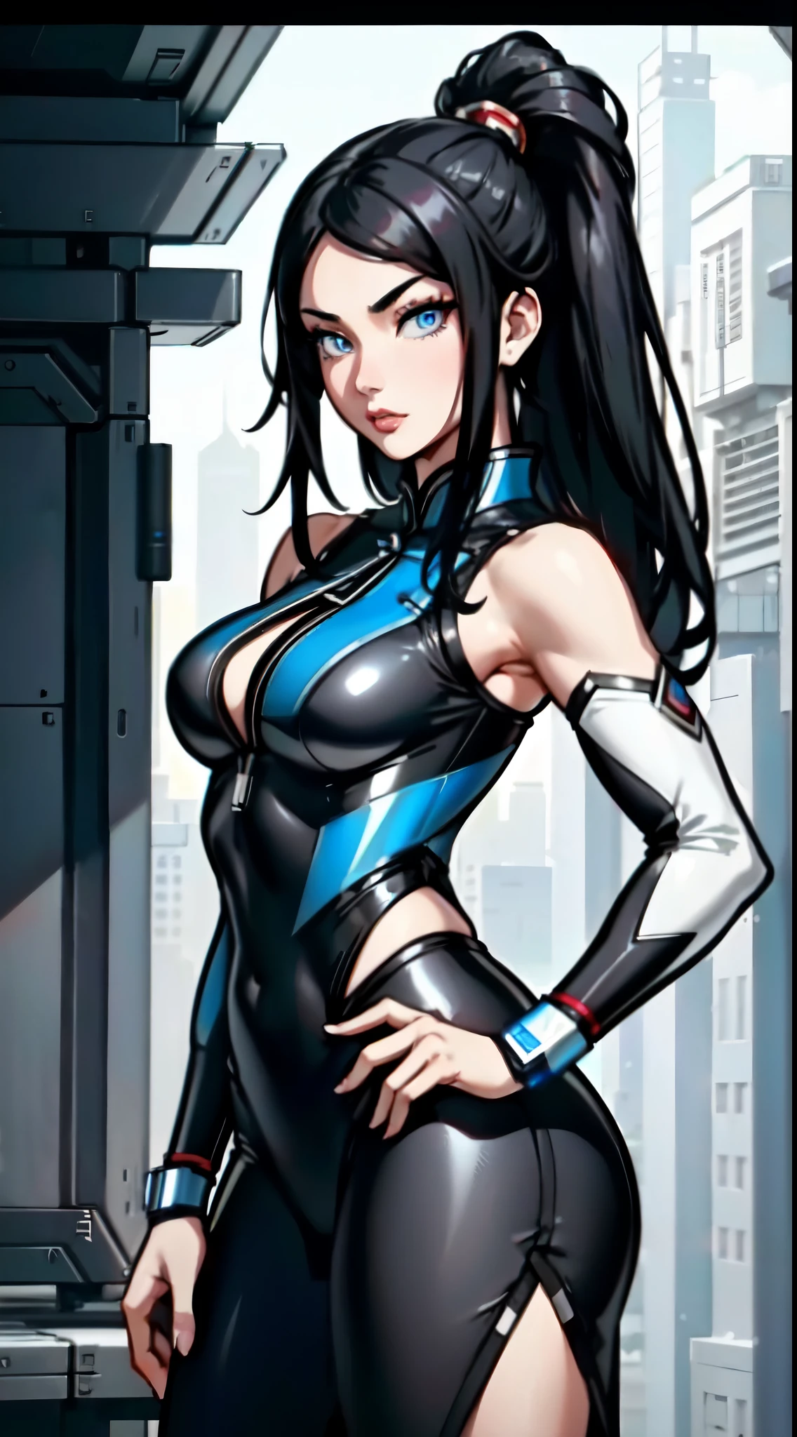 A (Chinese) female, with long dark (black) hair, blue eyes, pale (grey skin), (athletic), tall woman, (alluring fighter), (cute) martial-arts garb, (humanoid) alien, (Sci-fi) fantasy, (close-up shot), perfect composition, hyper-detailed, 8K, high quality, (perfect eyes), trending art, sharp focus, studio photo, intricate details, (Pin-up) pose