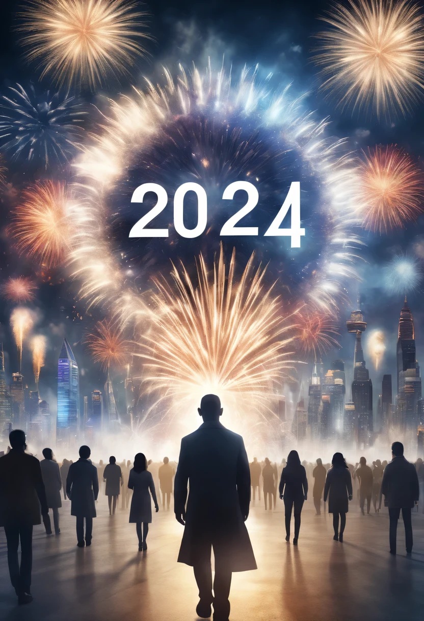 2024 new year poster,Transparent avatar，New Year&#39;s Eve Fireworks 2024，（multiple exposure：1.8）2024 New Year&#39;s Eve Vision Poster，Intricate poster for the year 2024 in surreal art style，2024 surreal dream new year poster，2024 surreal sci-fi new year dream poster