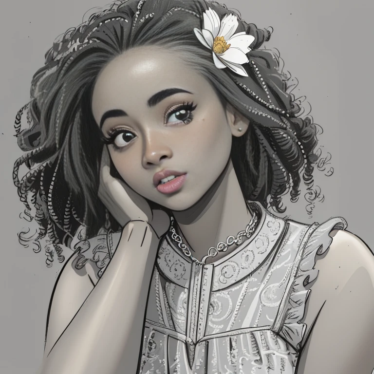 um close up de uma jovem com uma flor no cabelo, Arte Digital!!, dessaturados!!, retrato detalhado, inspirado em Sophia Beale, B&w foto, Menina afro-americana, taken in the early 2020s, Retrato Salgueiro Soares, Retrato de Willow Smith, my rendition, retrato detalhado tiro, dessaturados!, desenhado com photoshop