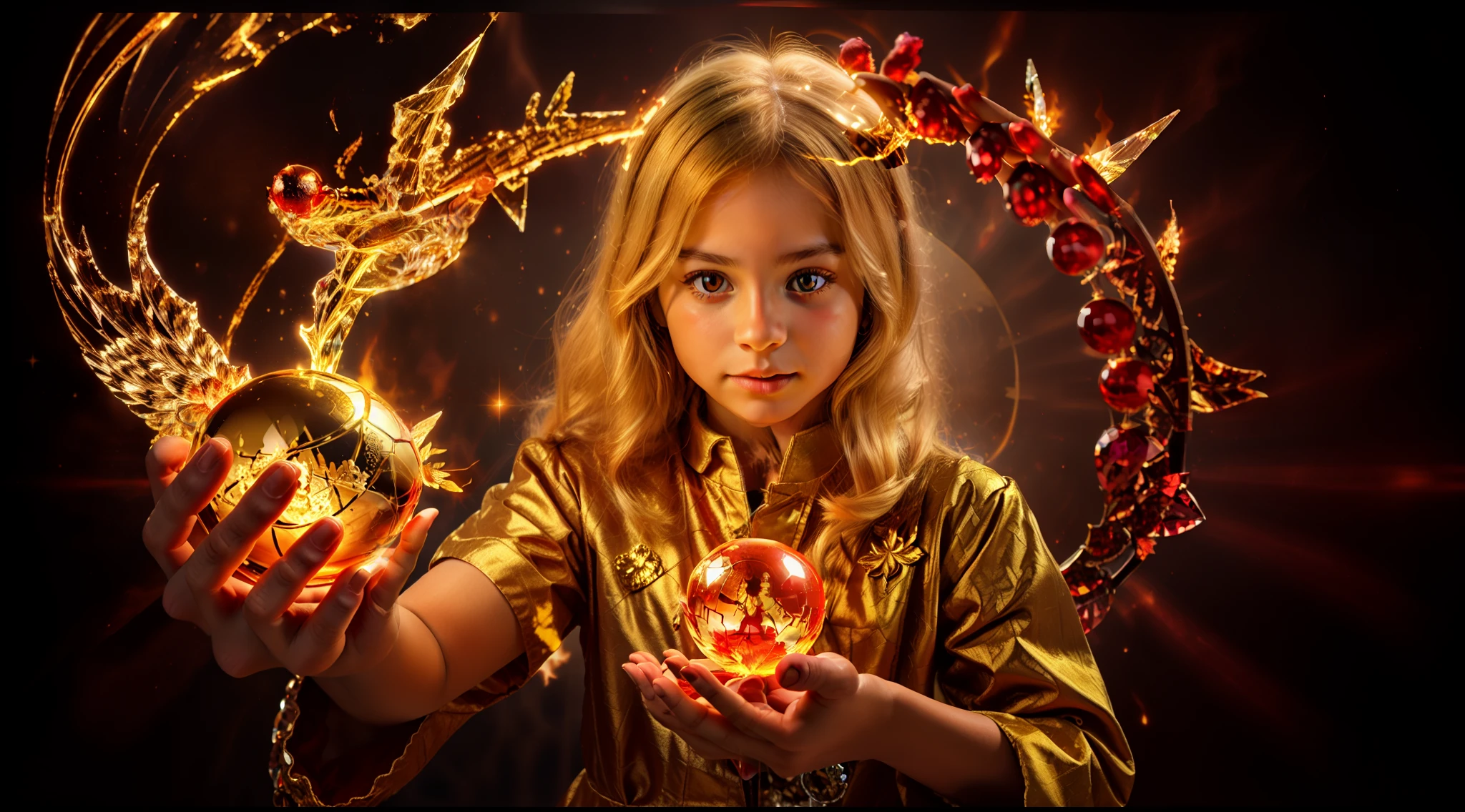 BLONDE CHILDREN GOLDEN ANGEL GIRL with a flaming crystal ball in her hand. Red background