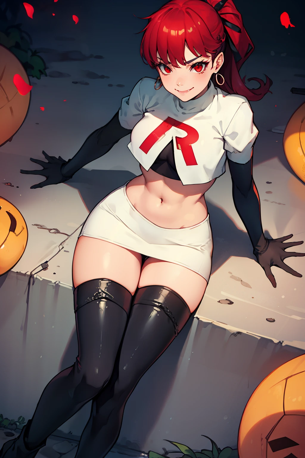 red hair, pony tail, red eyes ,glossy lips, light makeup, eye shadow, earrings ,team rocket,team rocket uniform, red letter R, white skirt,white crop top,black thigh-high boots, black elbow gloves, evil smile, sexy poses