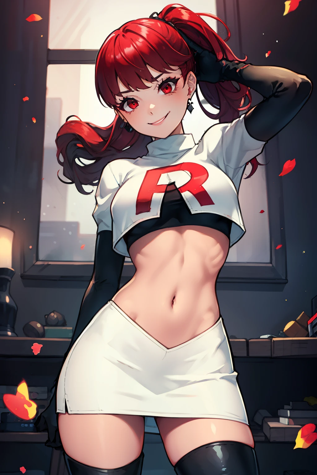 red hair, pony tail, red eyes ,glossy lips, light makeup, eye shadow, earrings ,team rocket,team rocket uniform, red letter R, white skirt,white crop top,black thigh-high boots, black elbow gloves, evil smile, sexy poses