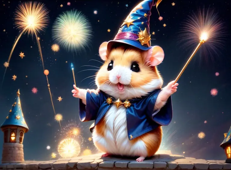 sparklers,hamstania,festival,magic hamster party,((hamster wizard:great joy:pulling the hands up:opening mouth:jumpping:wizard h...