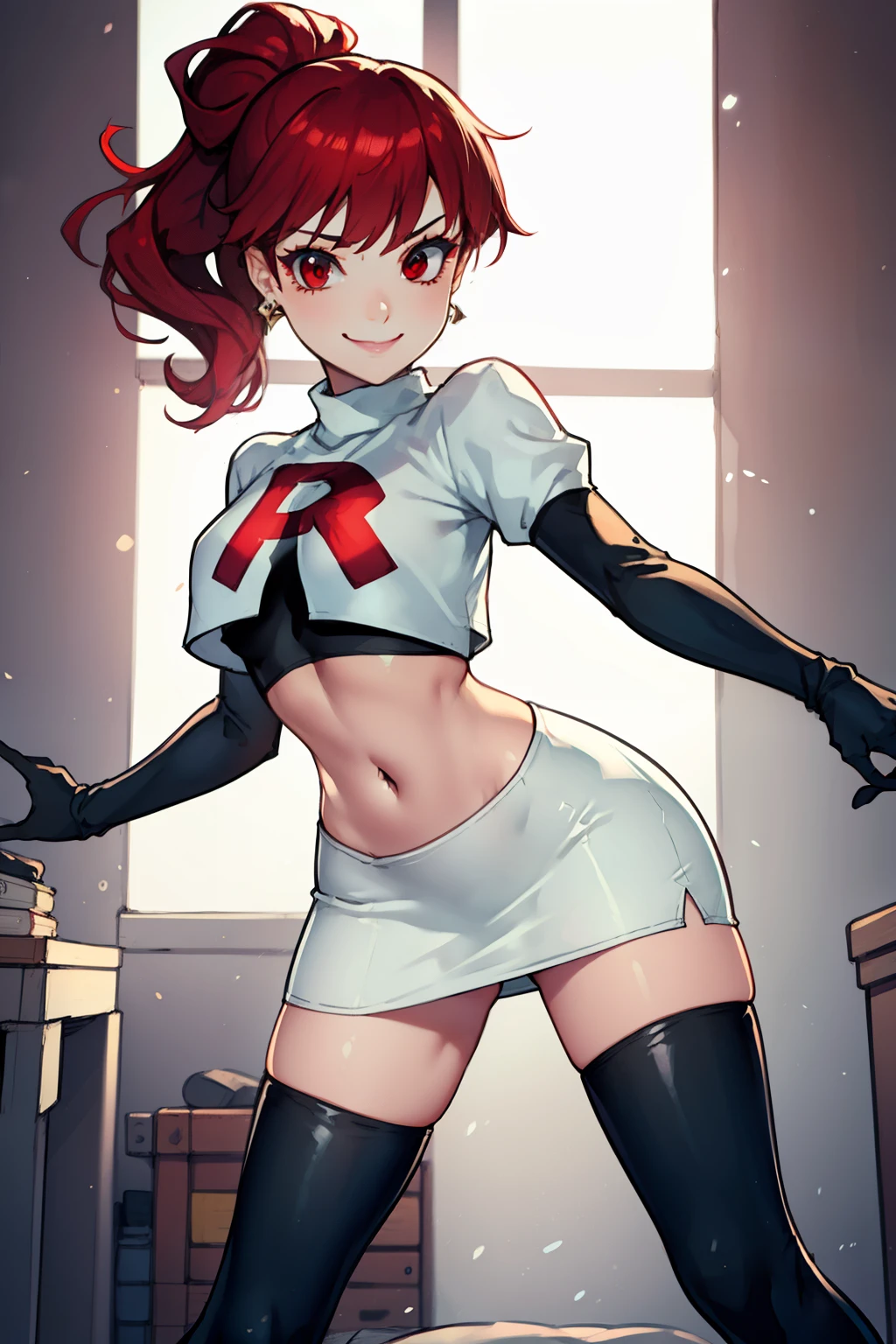 red hair, pony tail, red eyes ,glossy lips, light makeup, eye shadow, earrings ,team rocket,team rocket uniform, red letter R, white skirt,white crop top,black thigh-high boots, black elbow gloves, evil smile, sexy poses