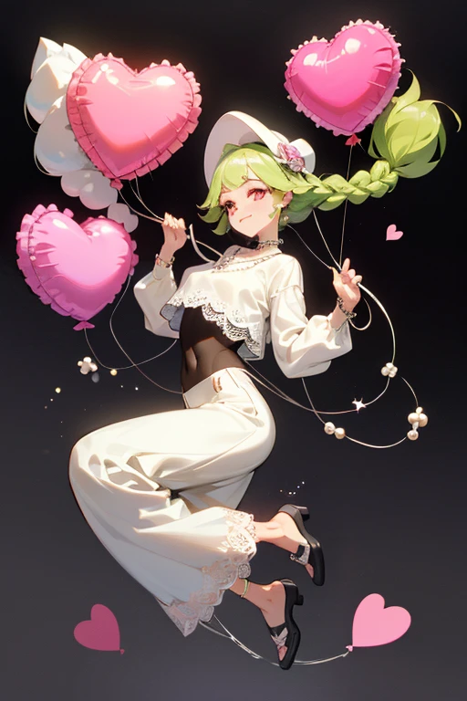 (Masterpiece: 1.5, Best quality, High resolution: 1.3, Super resolution, Super detailed, Ultra detailed: 1.3, Rich background: 1.2, 1 girl)) pale skin + long lime green hair + braided hair + pink eyes + eyelashes long + two hearts on cheeks + soft thighs + medium chest + long legs (pink top, white hippie lace jacket, black wide pants, high shoes, pearl necklace, cute hippie style) ((animated smile, pose holding a balloon approaching to the viewer)