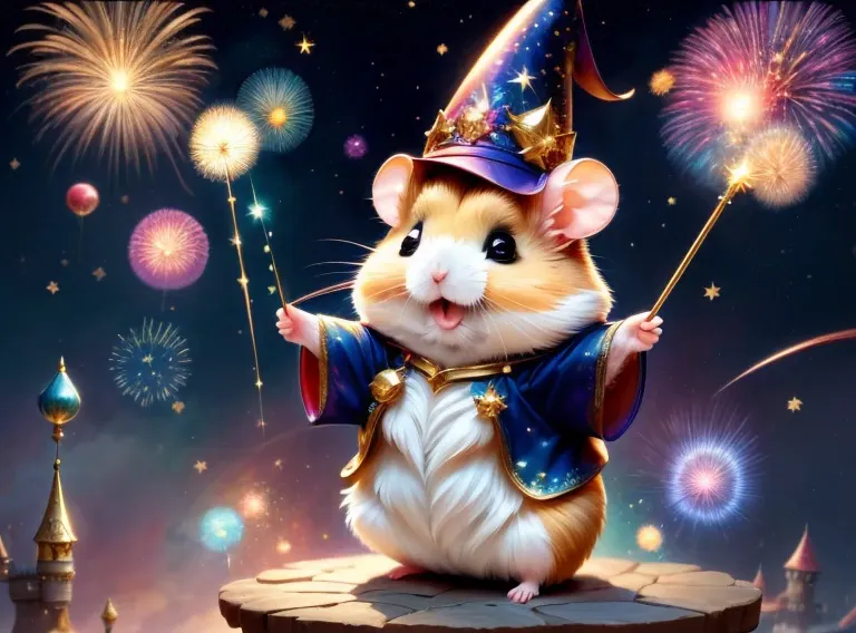 sparklers,hamstania,festival,magic hamster party,((hamster wizard:great joy:pulling the hands up:opening mouth:jumpping:wizard h...