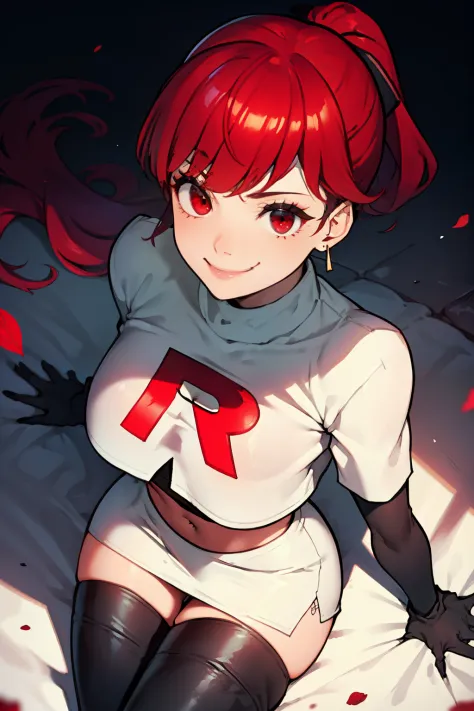 red hair, pony tail, red eyes ,glossy lips, light makeup, eye shadow, earrings ,team rocket,team rocket uniform, red letter R, white skirt,white crop top,black thigh-high boots, black elbow gloves, evil smile, sexy poses