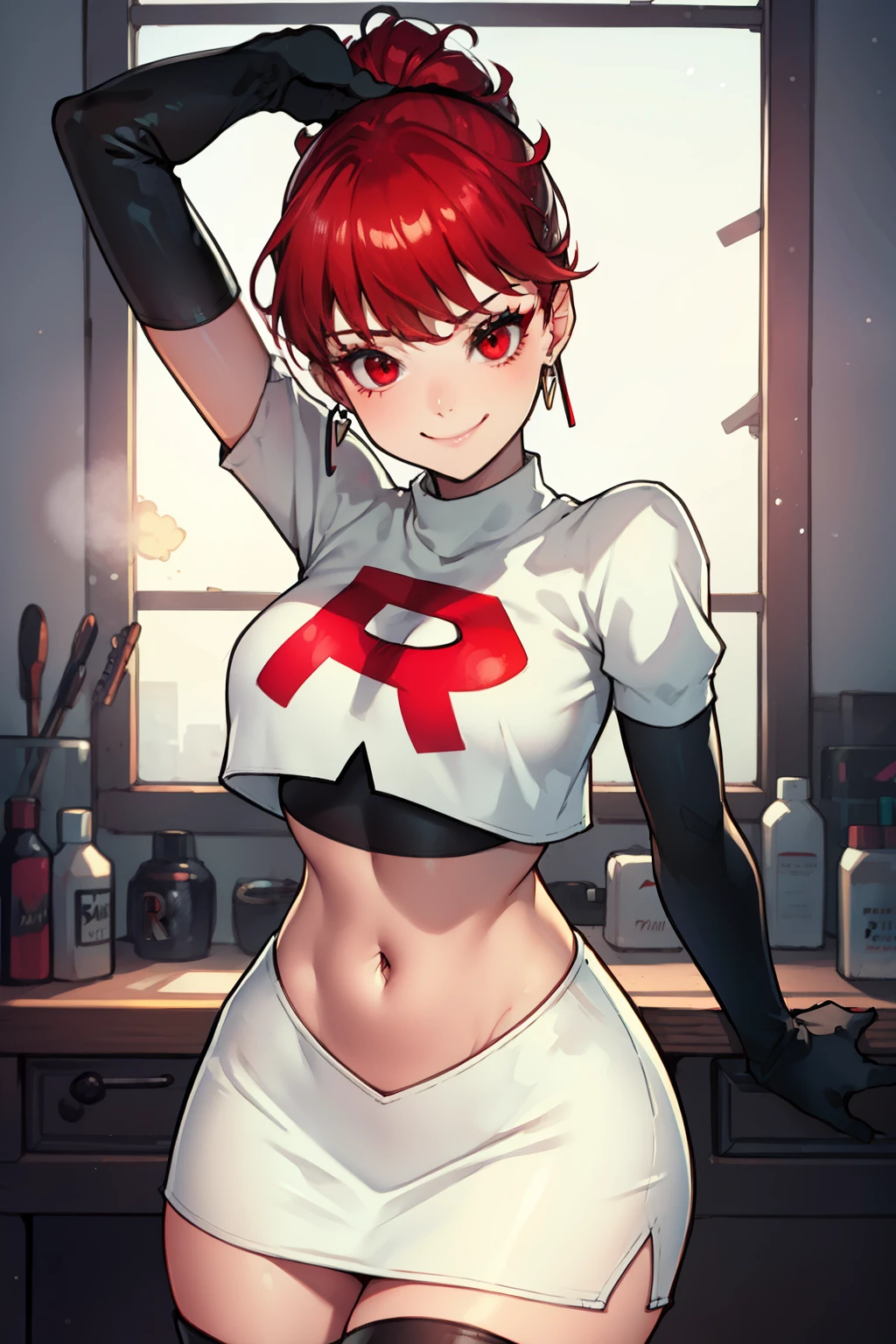 red hair, pony tail, red eyes ,glossy lips, light makeup, eye shadow, earrings ,team rocket,team rocket uniform, red letter R, white skirt,white crop top,black thigh-high boots, black elbow gloves, evil smile, sexy poses