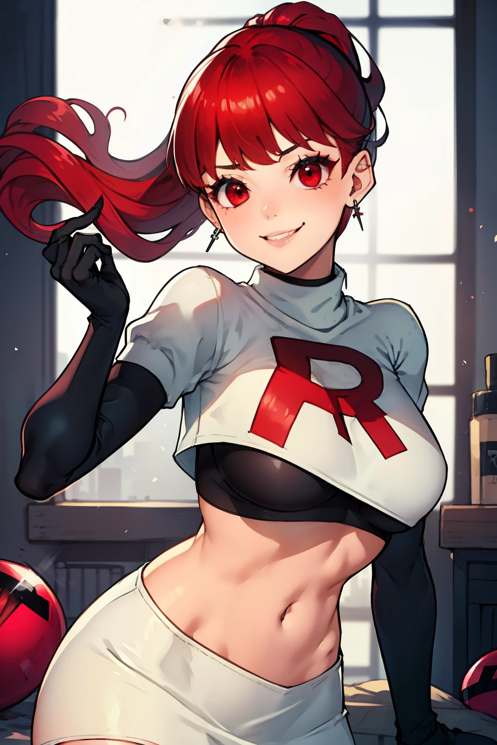 red hair, pony tail, red eyes ,glossy lips, light makeup, eye shadow, earrings ,team rocket,team rocket uniform, red letter R, white skirt,white crop top,black thigh-high boots, black elbow gloves, evil smile, sexy poses