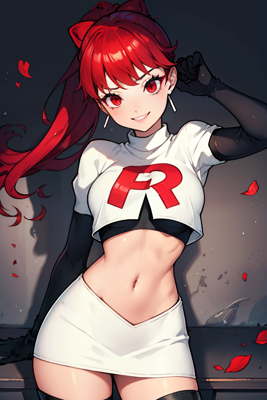 red hair, pony tail, red eyes ,glossy lips, light makeup, eye shadow, earrings ,team rocket,team rocket uniform, red letter R, white skirt,white crop top,black thigh-high boots, black elbow gloves, evil smile, sexy poses