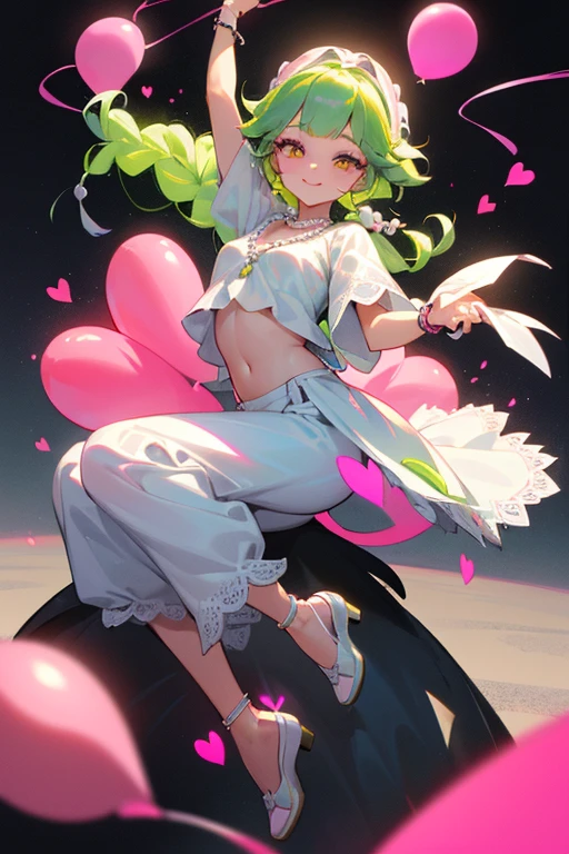 (Masterpiece: 1.5, Best quality, High resolution: 1.3, Super resolution, Super detailed, Ultra detailed: 1.3, Rich background: 1.2, 1 girl)) pale skin + long lime green hair + braided hair + pink eyes + eyelashes long + two hearts on cheeks + soft thighs + medium chest + long legs (pink top, white hippie lace jacket, black wide pants, high shoes, pearl necklace, cute hippie style) ((animated smile, pose holding a balloon approaching to the viewer) (colors used: white, light blue, pink, black, yellow +lime green)