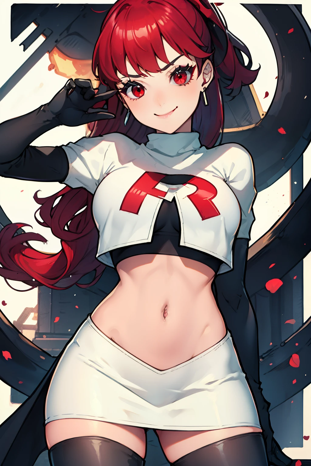 red hair, pony tail, red eyes ,glossy lips, light makeup, eye shadow, earrings ,team rocket,team rocket uniform, red letter R, white skirt,white crop top,black thigh-high boots, black elbow gloves, evil smile, sexy poses