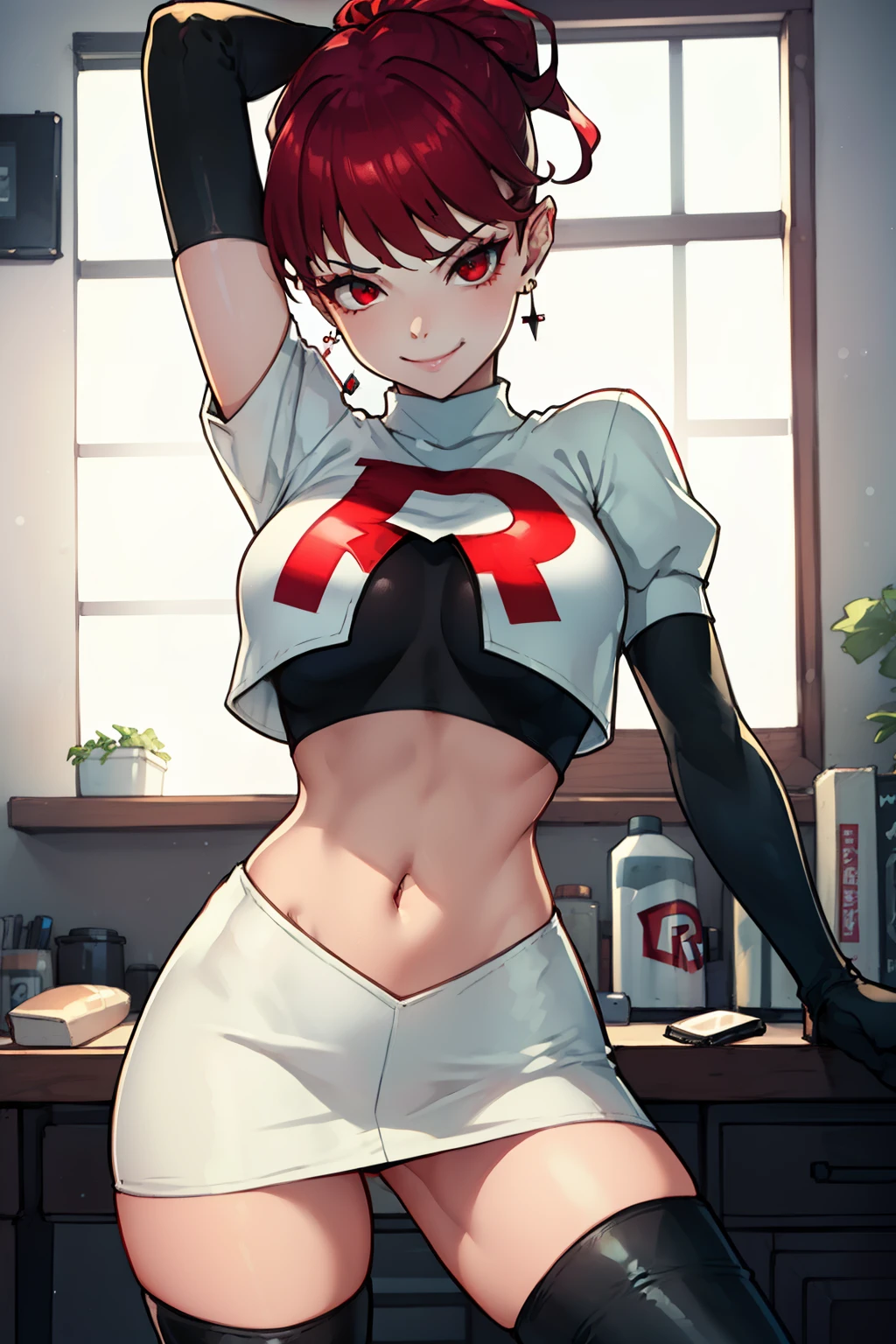 red hair, pony tail, red eyes ,glossy lips, light makeup, eye shadow, earrings ,team rocket,team rocket uniform, red letter R, white skirt,white crop top,black thigh-high boots, black elbow gloves, evil smile, sexy poses