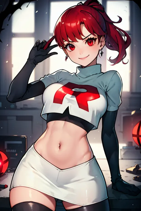 red hair, pony tail, red eyes ,glossy lips, light makeup, eye shadow, earrings ,team rocket,team rocket uniform, red letter R, white skirt,white crop top,black thigh-high boots, black elbow gloves, evil smile, sexy poses