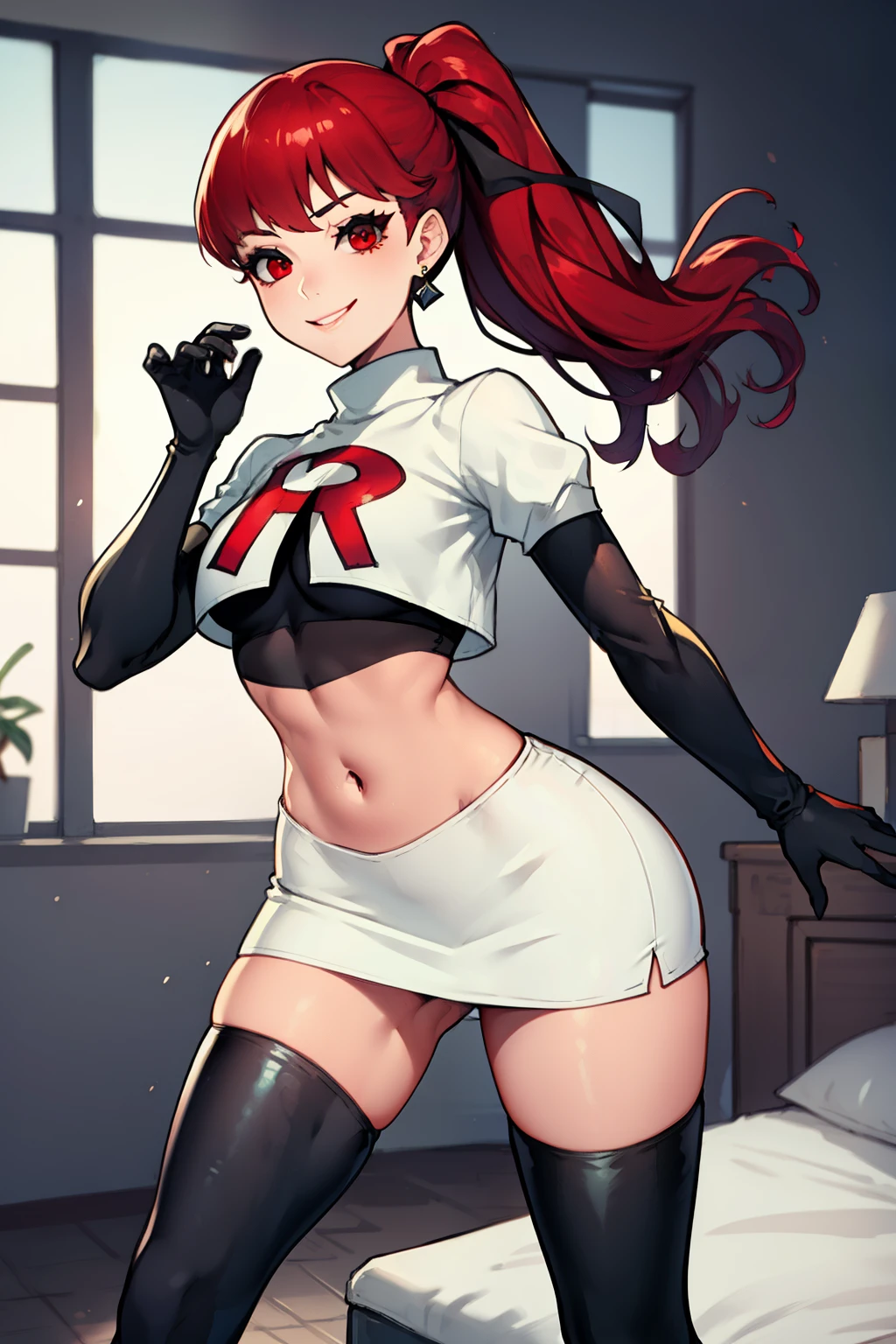 red hair, pony tail, red eyes ,glossy lips, light makeup, eye shadow, earrings ,team rocket,team rocket uniform, red letter R, white skirt,white crop top,black thigh-high boots, black elbow gloves, evil smile, sexy poses