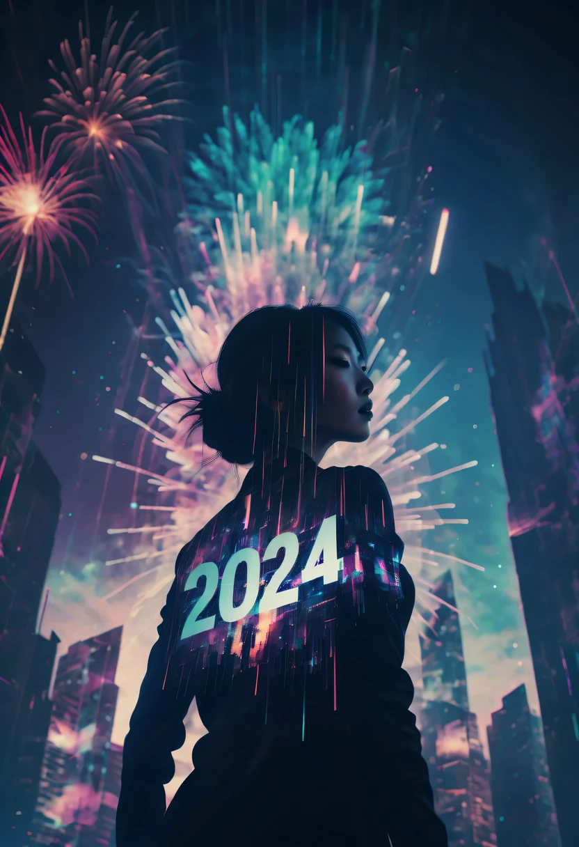 杜布雷克风格,天空中出现了控制论.The prospect of fireworks on 新年’s Eve 2024,绚烂的烟花,(多重曝光1.8),(数字标牌,2024:1.5),科技城,人工智能神经元,网络矩阵,新年&#39;Eve 视觉海报,超现实主义艺术风格的复杂海报,超现实梦想新年海报,超现实科幻新年梦想海报，广角镜头，广阔的夜空，新年，盛大的烟火表演，女人肖像，双重曝光效果，戏剧灯光，vivd Coloong曝光技术，創意構成，艺术摄影，高对比度，抽象元素，情感上令人着迷，富有表现力的眼睛，柔焦，模糊的背景，美丽的嘴唇细节多次曝光，不同的观点、未来的城市，高层建筑的轮廓。纹理清晰、叠加图像、主题的和谐融合、艺术故事、超现实的氛围、实验技术、富有想象力的探索、艺术表达、艺术诠释、创造性实验、个人叙述、分层构图、空灵美学、震撼的视觉冲击、视觉深度、魔幻现实、诗意氛围，详细的、细致，视觉诗歌