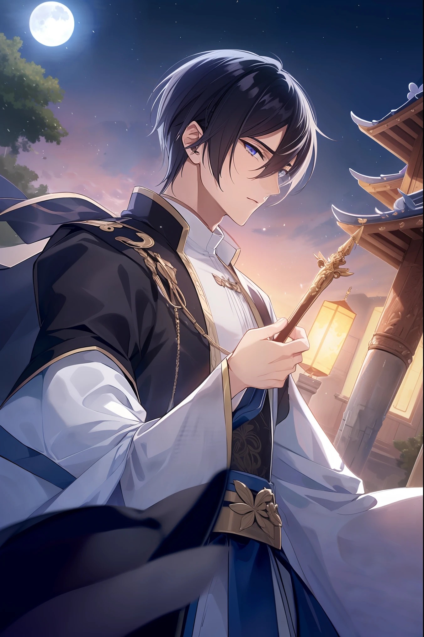 (Best quality at best,A high resolution,The image is clear，Men in Black，:1.2),of a man，malefocus，Ultra detailed backgrounds,，A teenager with a sword，Chinese style long sleeve robe，high ponytails，natta，Garden scene,under moonlight,starrysky，Blue and White Clothes，Asian architecture，Romantic atmosphere,，Dutch Angle Shot,gentlesoftlighting,portrait of upper body，Noble prince，Eye focus，a sharp gaze，