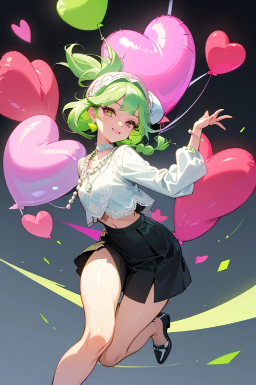 (Masterpiece: 1.5, Best quality, High resolution: 1.3, Super resolution, Super detailed, Ultra detailed: 1.3, Rich background: 1.2, 1 girl)) pale skin + long lime green hair + braided hair + pink eyes + eyelashes long + two hearts on cheeks + soft thighs + medium chest + long legs (pink top, white hippie lace jacket, black wide pants, high shoes, pearl necklace, cute hippie style) ((animated smile, pose holding a balloon approaching to the viewer) (colors used: white, light blue, pink, black, yellow +lime green)