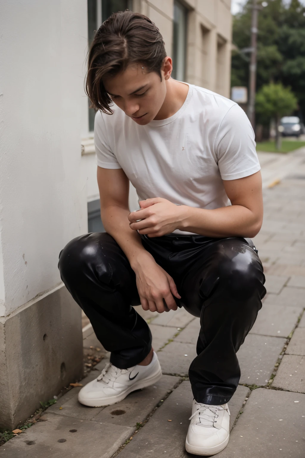 Arafed man in white shirt and black pants crouching down on sidewalk -  SeaArt AI