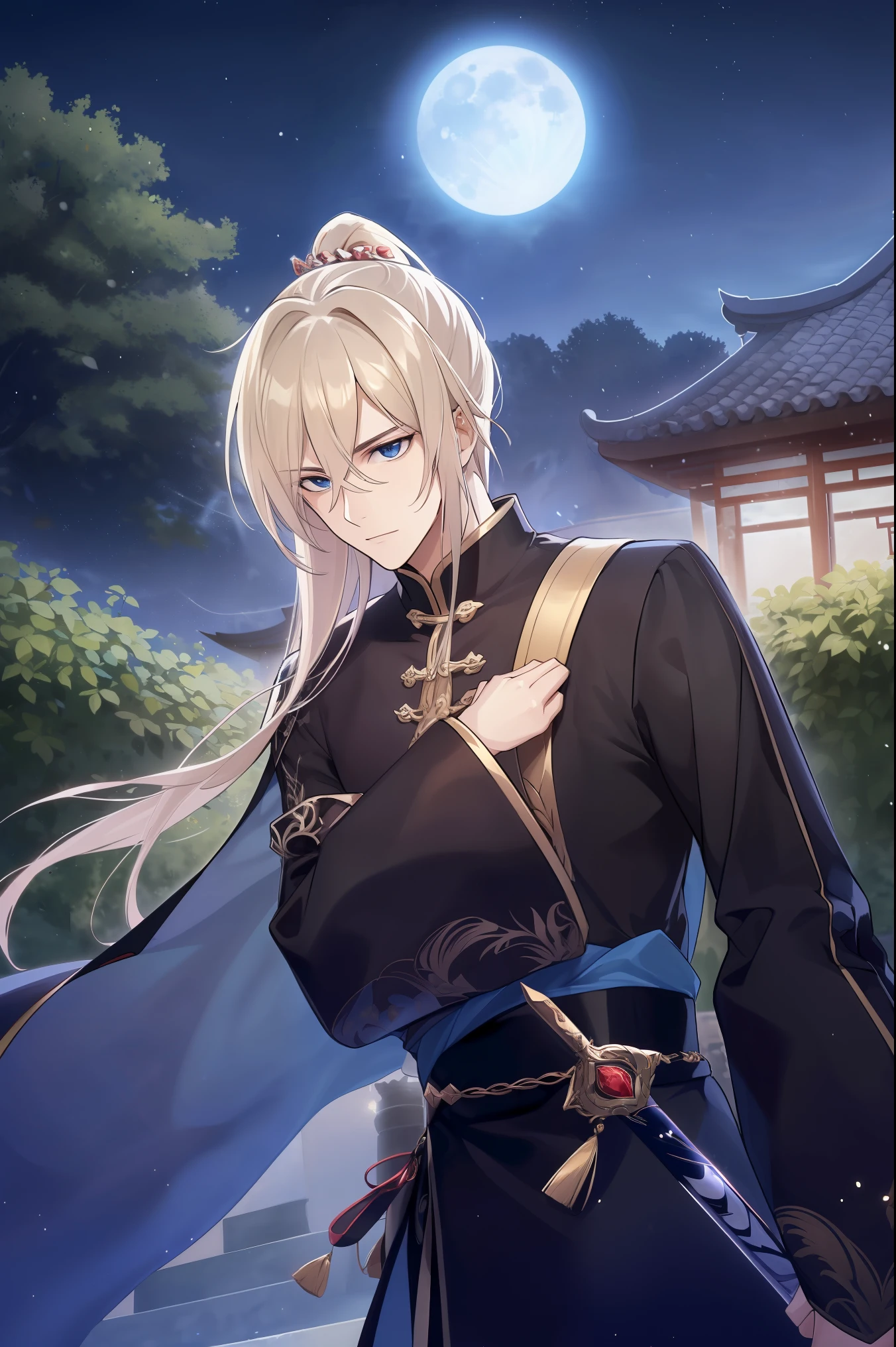 (Best quality at best,A high resolution,The image is clear，Men in Black，:1.2),of a man，malefocus，Ultra detailed backgrounds,，A teenager with a sword，Chinese style long sleeve robe，high ponytails，natta，Garden scene,under moonlight,starrysky，blue clothes，Asian architecture，Romantic atmosphere,，Dutch Angle Shot,gentlesoftlighting,portrait of upper body，Noble prince，Eye focus，a sharp gaze，