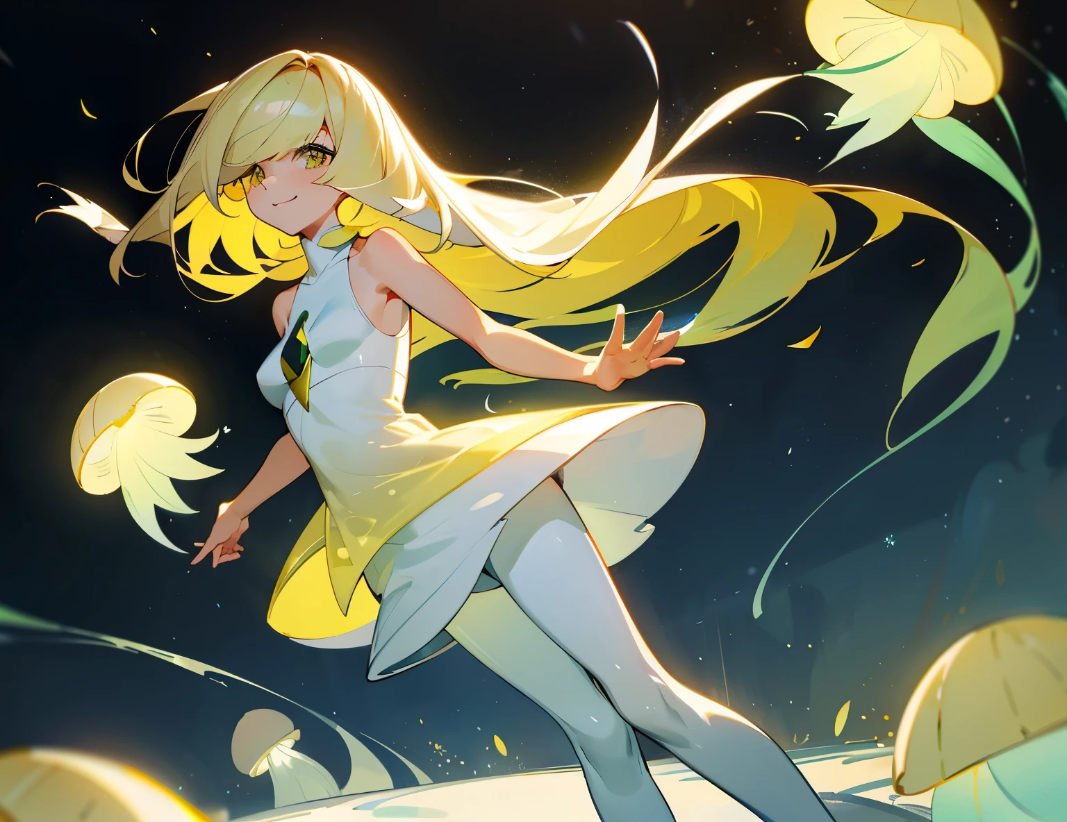 Sharp details、lily of the valley、Gorgeous and beautiful atmosphere、concept art illustration、masutepiece, Best Quality, hight resolution, Luzamine\(A pokémon\), Long hair, Platinum Hair,straight haired,yellow  eyes, 1girl in, Solo, ノースリーブturtle neck, White Dress,Yellow skirt, light skinned, Sleeveless,White Dress, Short skirt,Onepiece, turtle neck, Full body like, from the front side, is standing,Mystical,Curve, Smiling, a moon, medium breasts, natta, skinny, Luzamine、masutepiece,Best Quality,1girl in,maturefemale,Lusamine,Blonde hair,Yellow eyes,Very long hair,(Hair over one eye:1.3),Dress,Sleeveless,Sleeveless Dress,Bare shoulders,white Dress,Pedras preciosas,Bare arms,short Dress,Diamond (shape),green Pedras preciosasstone,leggins,Glowing eyes,(Giant jellyfish),floating,