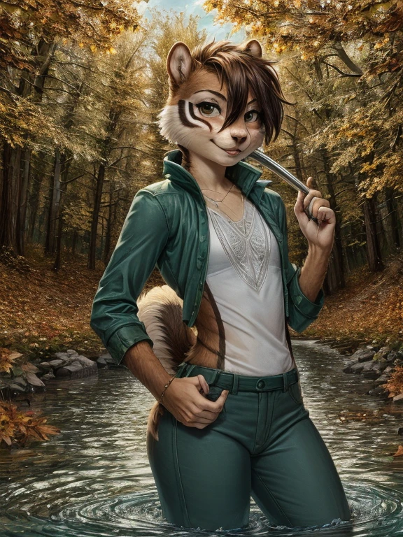 중성 다람쥐, 귀여운 얼굴, 레이피어를 들고, 물속에 서서, 녹색 바지, 가을 폭풍 맥폴의 스타일