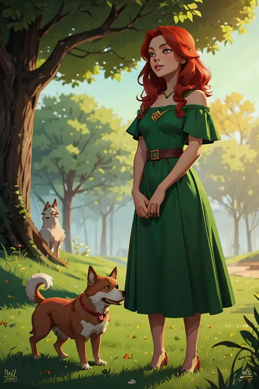 emerald enchantress's canine companion: a series of illustrations featuring a charming red-haired woman in a green dress and her...